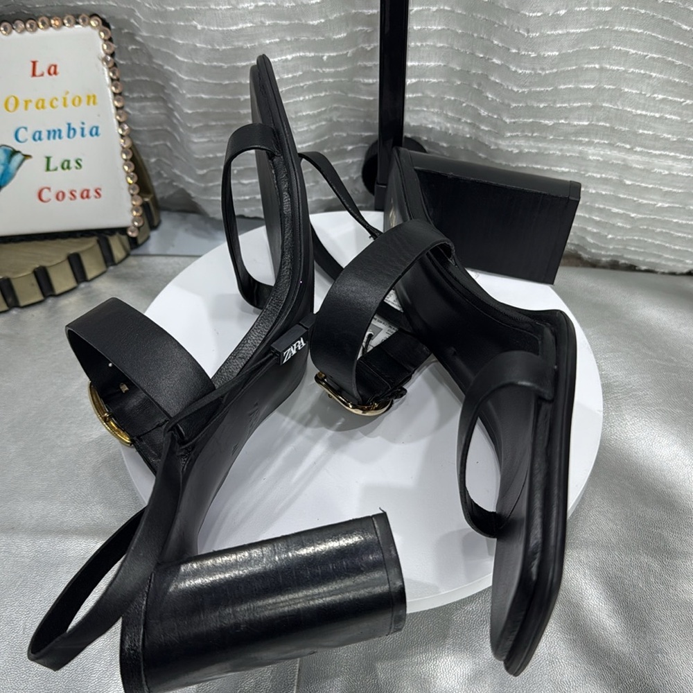 (C2) Zara Black NWT Leather Heeled Buckle Sandals, Size 41/10 USA - Picture 12 of 16